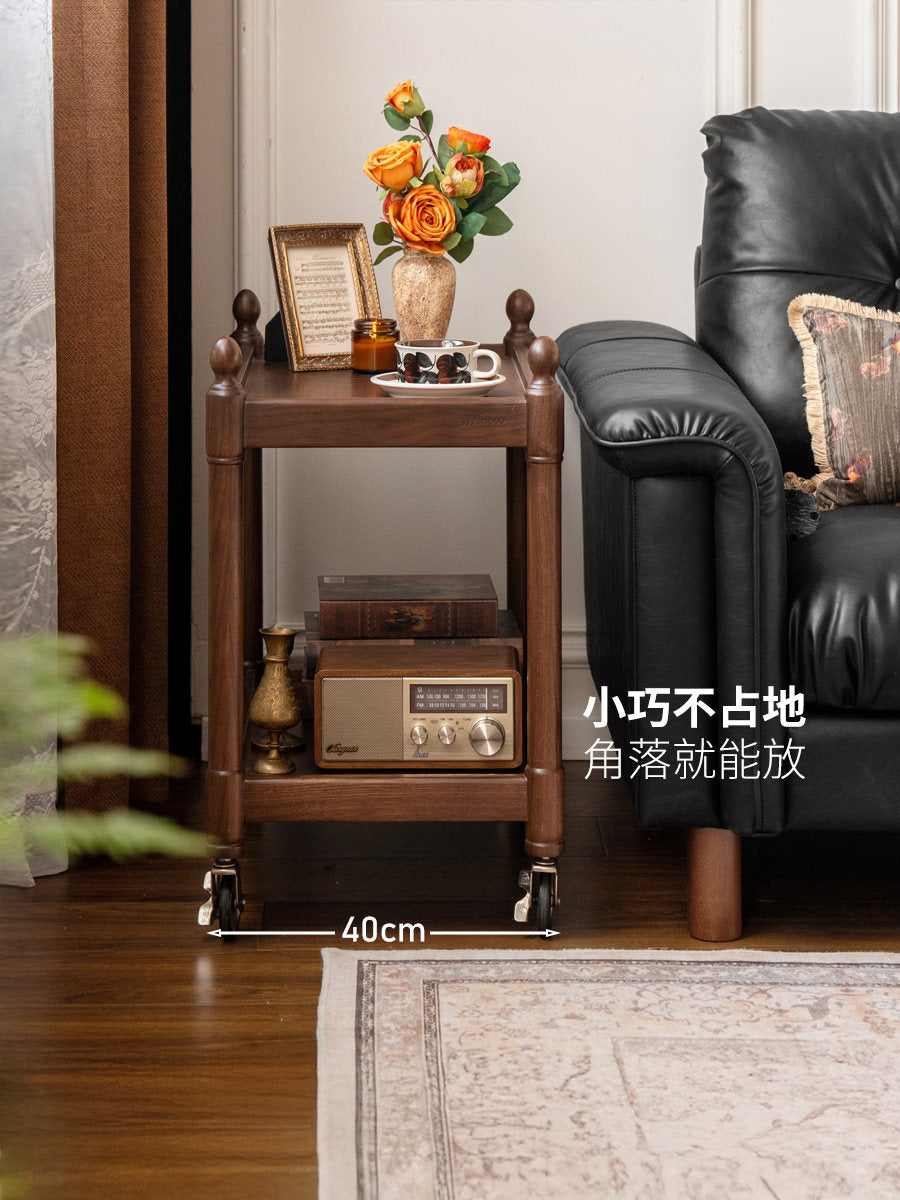 实木边几客厅美式复古移动角几黑胡木双层置物小推车